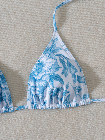 Ženski bikini set u stilu ink-wash s cvjetnim uzorkom, bez rukava, s jastučićima za prsni koš, 82% poliester i 18% spandex podstava