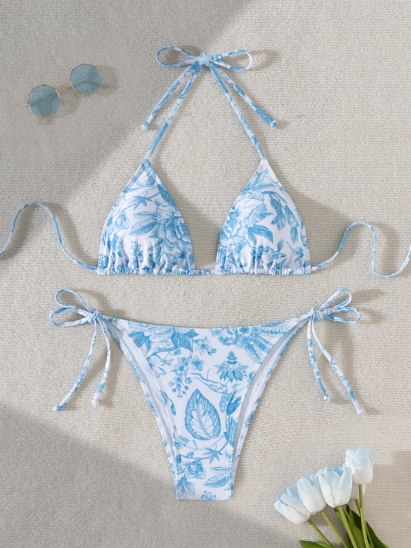 Ženski bikini set u stilu ink-wash s cvjetnim uzorkom, bez rukava, s jastučićima za prsni koš, 82% poliester i 18% spandex podstava