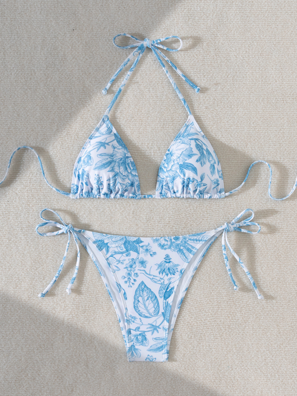 Ženski bikini set u stilu ink-wash s cvjetnim uzorkom, bez rukava, s jastučićima za prsni koš, 82% poliester i 18% spandex podstava