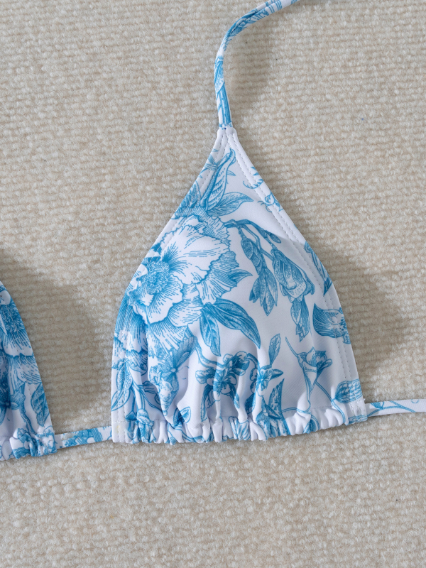 Ženski bikini set u stilu ink-wash s cvjetnim uzorkom, bez rukava, s jastučićima za prsni koš, 82% poliester i 18% spandex podstava