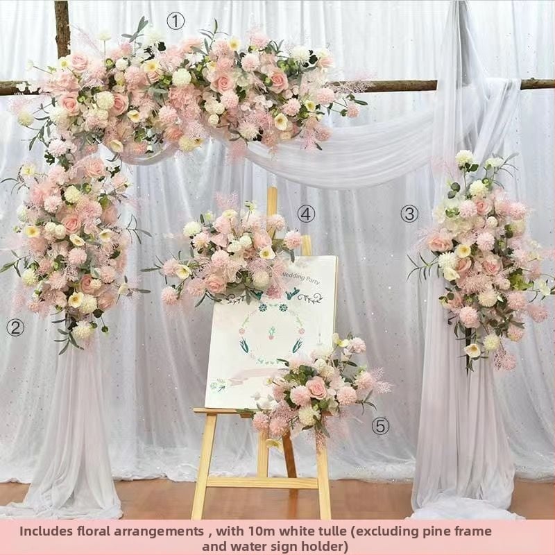 Γαμήλια αψίδα φόντου με μεταξωτά λουλούδια – τριαντάφυλλα και υδρογενέα, κατασκευή με έγχυση