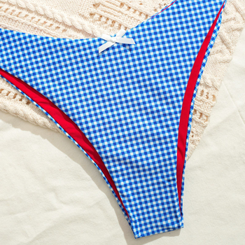 Dvije dijelni bikini set s vezicom i mašnicom, karijasti uzorak, poliester, jastučić za prsni dio, potpuno podstavljeno
