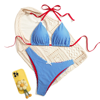 Dvije dijelni bikini set s vezicom i mašnicom, karijasti uzorak, poliester, jastučić za prsni dio, potpuno podstavljeno