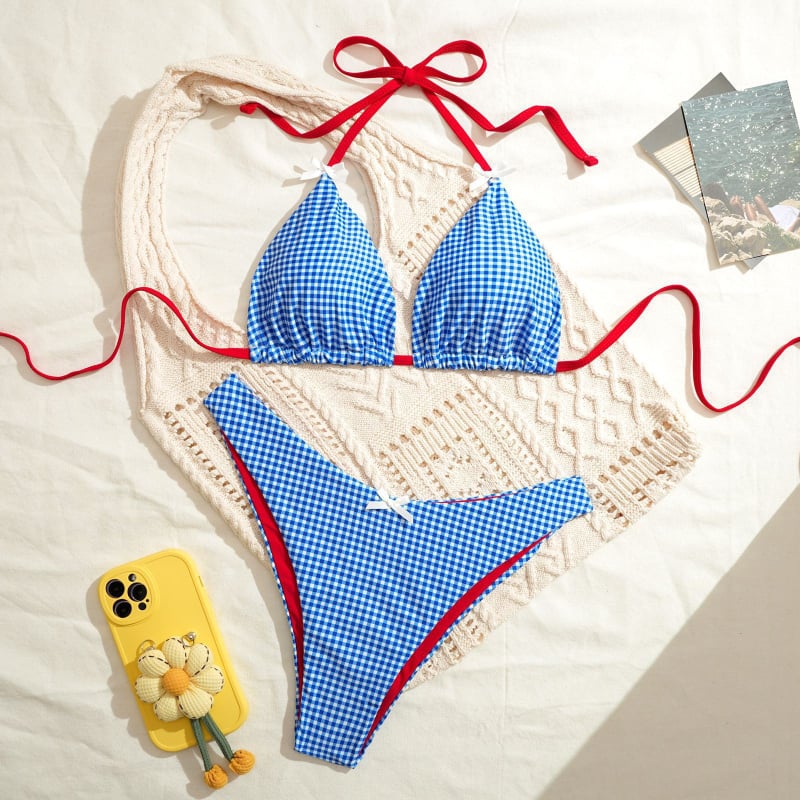 Dvije dijelni bikini set s vezicom i mašnicom, karijasti uzorak, poliester, jastučić za prsni dio, potpuno podstavljeno