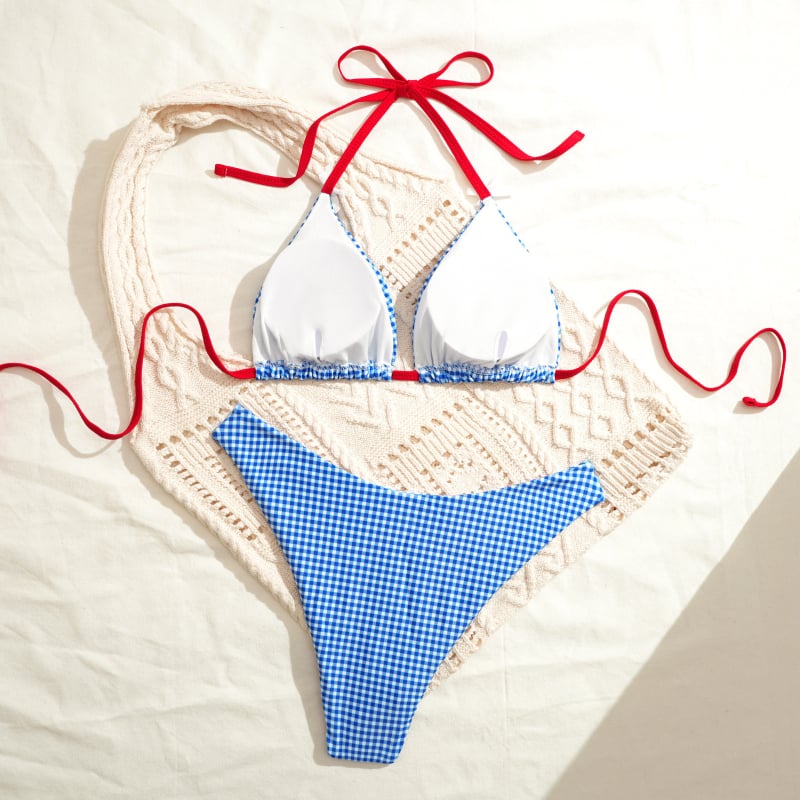 Dvije dijelni bikini set s vezicom i mašnicom, karijasti uzorak, poliester, jastučić za prsni dio, potpuno podstavljeno