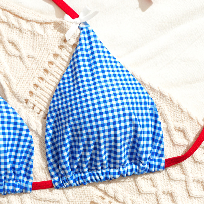 Dvije dijelni bikini set s vezicom i mašnicom, karijasti uzorak, poliester, jastučić za prsni dio, potpuno podstavljeno