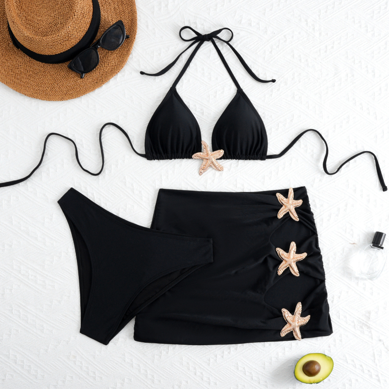 Novi ženski trodijelni bikini s podijeljenim dizajnom, metalnim dodatkom u obliku morske zvijezde i plažnom suknjom