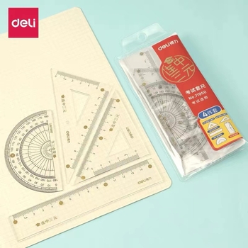 Deli 71950 Četverodijelni set za crtanje: pravilo, kutnik, goniometar, plastični set – 24 setova u pakiranju, neto težina 55 g