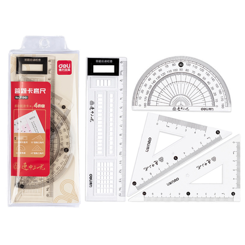 Deli 71950 Četverodijelni set za crtanje: pravilo, kutnik, goniometar, plastični set – 24 setova u pakiranju, neto težina 55 g