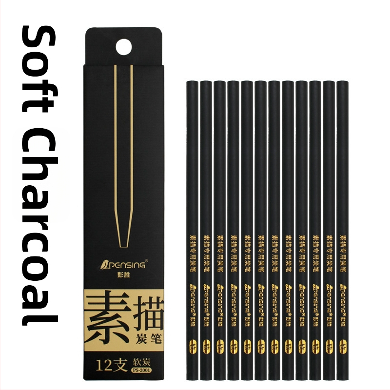 Sada uhlíkových ceruziek – drevený plášť, zabalená v krabičke, mäkké, stredné a tvrdé uhlíkové ceruzky