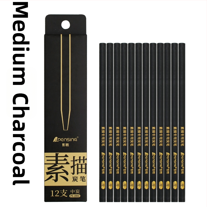 Sada uhlíkových ceruziek – drevený plášť, zabalená v krabičke, mäkké, stredné a tvrdé uhlíkové ceruzky