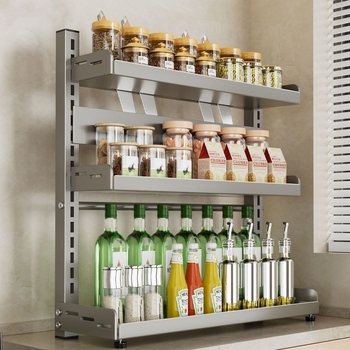 Ράφι κουζίνας για μπαχαρικά και μαχαίρια, πολυεπίπεδο ρυθμιζόμενο, από ανθρακούχο ατσάλι, για πάγκο, εγκατάσταση χωρίς διάτρηση