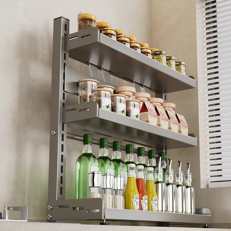 Ράφι κουζίνας για μπαχαρικά και μαχαίρια, πολυεπίπεδο ρυθμιζόμενο, από ανθρακούχο ατσάλι, για πάγκο, εγκατάσταση χωρίς διάτρηση