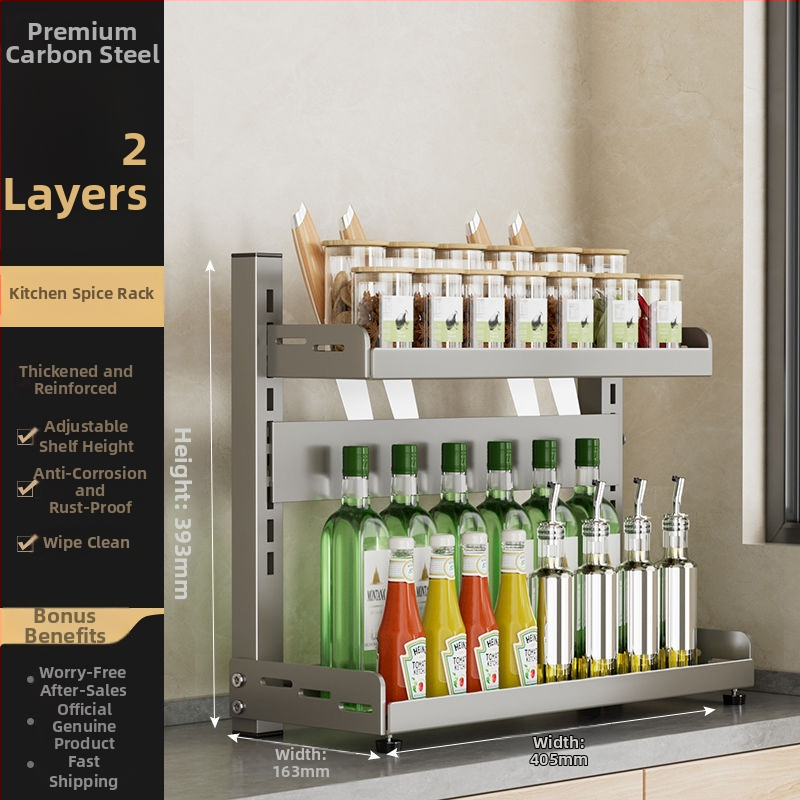 Kuchynský stojan na korenie a nože, viacvrstvový, nastaviteľný, z karbónovej ocele, na pracovnú dosku, bez vŕtania