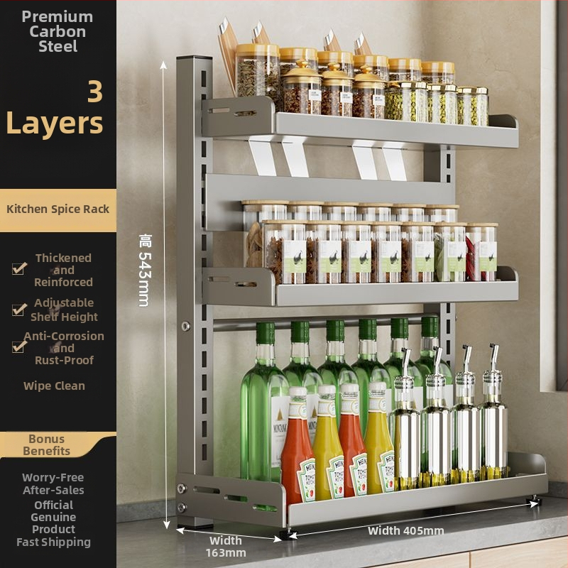 Kuchynský stojan na korenie a nože, viacvrstvový, nastaviteľný, z karbónovej ocele, na pracovnú dosku, bez vŕtania