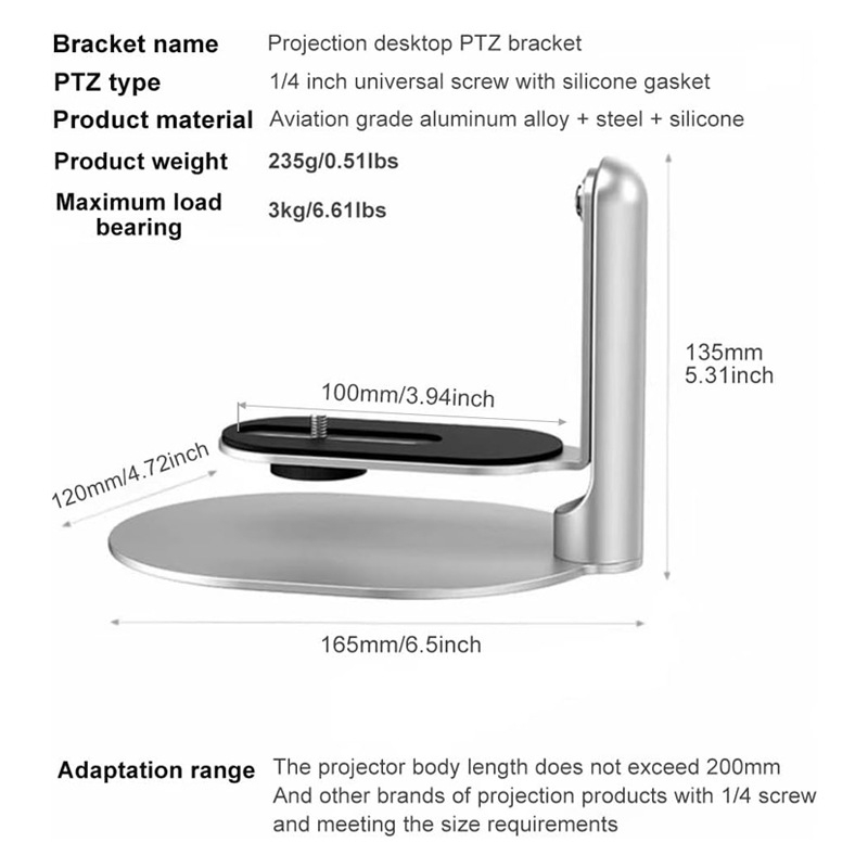 Stolni držač projektora – aluminijsko legura, 360° pan/tilt, vijak 1/4″