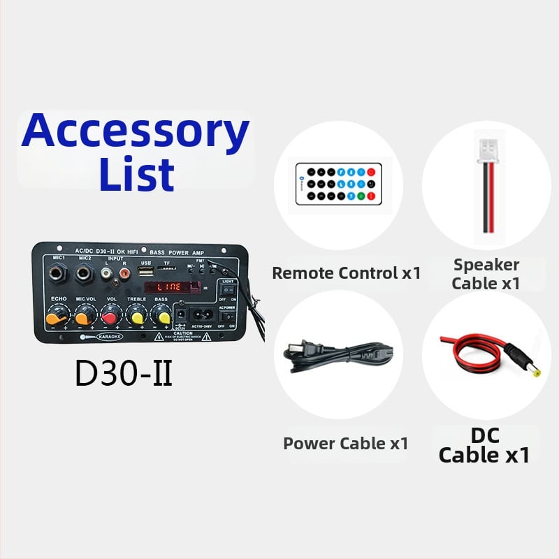 Πλακέτα Bluetooth ενισχυτή ήχου με οθόνη, μοντέλο D30 II, μάρκα Pinyu; είσοδοι Bluetooth, USB, TF, FM ραδιόφωνο; ισχύς 25W; τάση λειτουργίας DC12V/AC110-240V