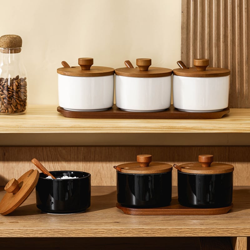 Keramički set posuda za začine sa solnicom, moderan minimalistički stil, tiskani logotip