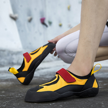 Παπούτσια αναρρίχησης με Velcro — επάνω μέρος από δέρμα + στρώμα χώρου, εξωτερική σόλα από φυσικό καουτσούκ, ενδιάμεση σόλα από καουτσούκ