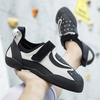 Παπούτσια αναρρίχησης με Velcro — επάνω μέρος από δέρμα + στρώμα χώρου, εξωτερική σόλα από φυσικό καουτσούκ, ενδιάμεση σόλα από καουτσούκ