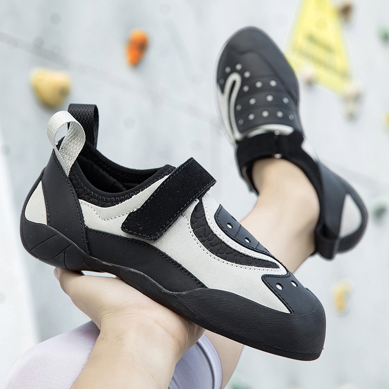 Παπούτσια αναρρίχησης με Velcro — επάνω μέρος από δέρμα + στρώμα χώρου, εξωτερική σόλα από φυσικό καουτσούκ, ενδιάμεση σόλα από καουτσούκ