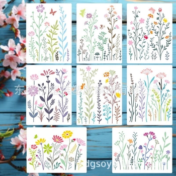 Set de 8 șabloane pentru pictură cu flori sălbatice – design floral reutilizabil pentru decorul casei | Număr de produs: 181122 | Material: PET | Export internațional exclusiv: Da | IP autorizat: Nu