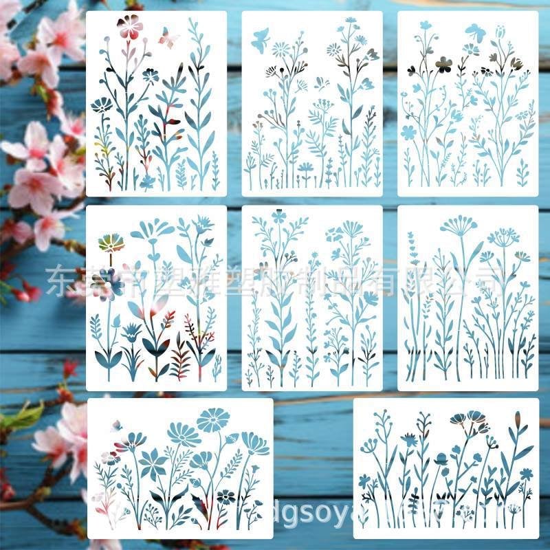 Set de 8 șabloane pentru pictură cu flori sălbatice – design floral reutilizabil pentru decorul casei | Număr de produs: 181122 | Material: PET | Export internațional exclusiv: Da | IP autorizat: Nu