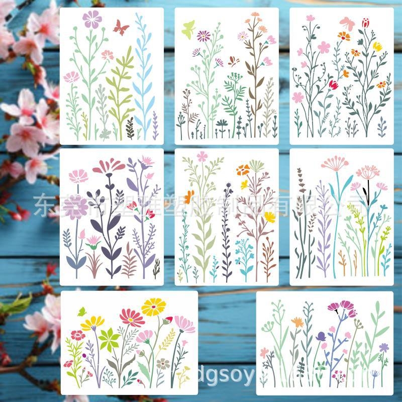 Set de 8 șabloane pentru pictură cu flori sălbatice – design floral reutilizabil pentru decorul casei | Număr de produs: 181122 | Material: PET | Export internațional exclusiv: Da | IP autorizat: Nu