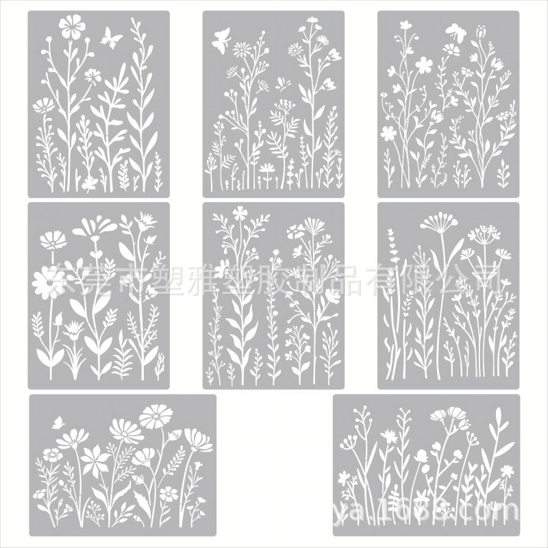 Set de 8 șabloane pentru pictură cu flori sălbatice – design floral reutilizabil pentru decorul casei | Număr de produs: 181122 | Material: PET | Export internațional exclusiv: Da | IP autorizat: Nu