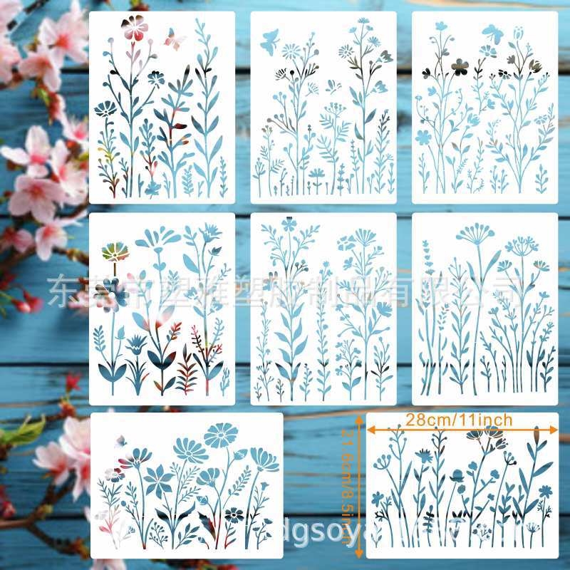 Set de 8 șabloane pentru pictură cu flori sălbatice – design floral reutilizabil pentru decorul casei | Număr de produs: 181122 | Material: PET | Export internațional exclusiv: Da | IP autorizat: Nu
