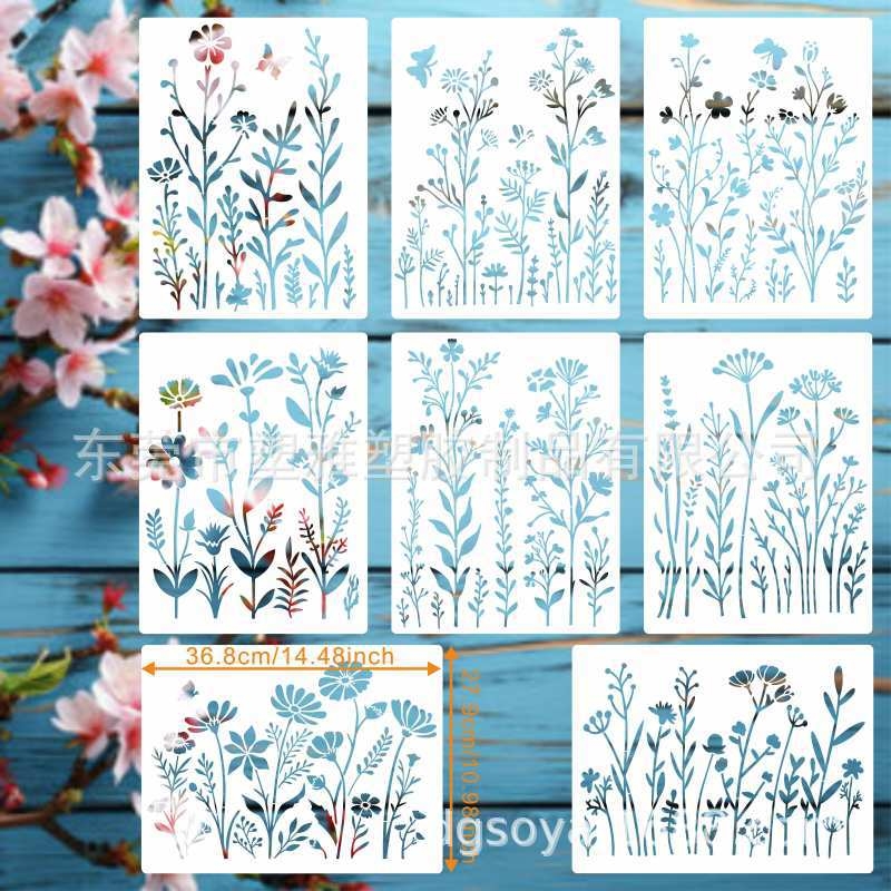 Set de 8 șabloane pentru pictură cu flori sălbatice – design floral reutilizabil pentru decorul casei | Număr de produs: 181122 | Material: PET | Export internațional exclusiv: Da | IP autorizat: Nu