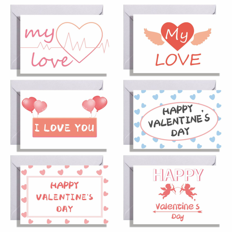 Felicitări de Valentine's Day, set de 6 cu plicuri; carton, imprimare, stil simplu și modern, categorie: felicitări, ambalaj de bază