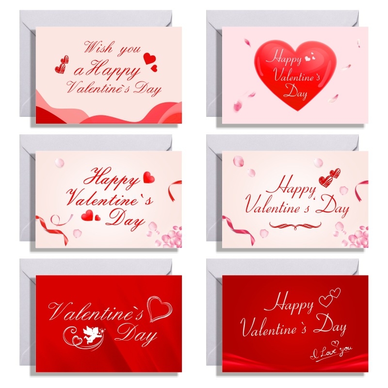 Felicitări de Valentine's Day, set de 6 cu plicuri; carton, imprimare, stil simplu și modern, categorie: felicitări, ambalaj de bază