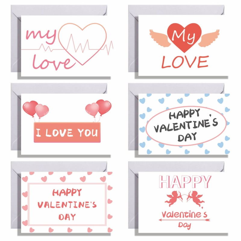 Felicitări de Valentine's Day, set de 6 cu plicuri; carton, imprimare, stil simplu și modern, categorie: felicitări, ambalaj de bază