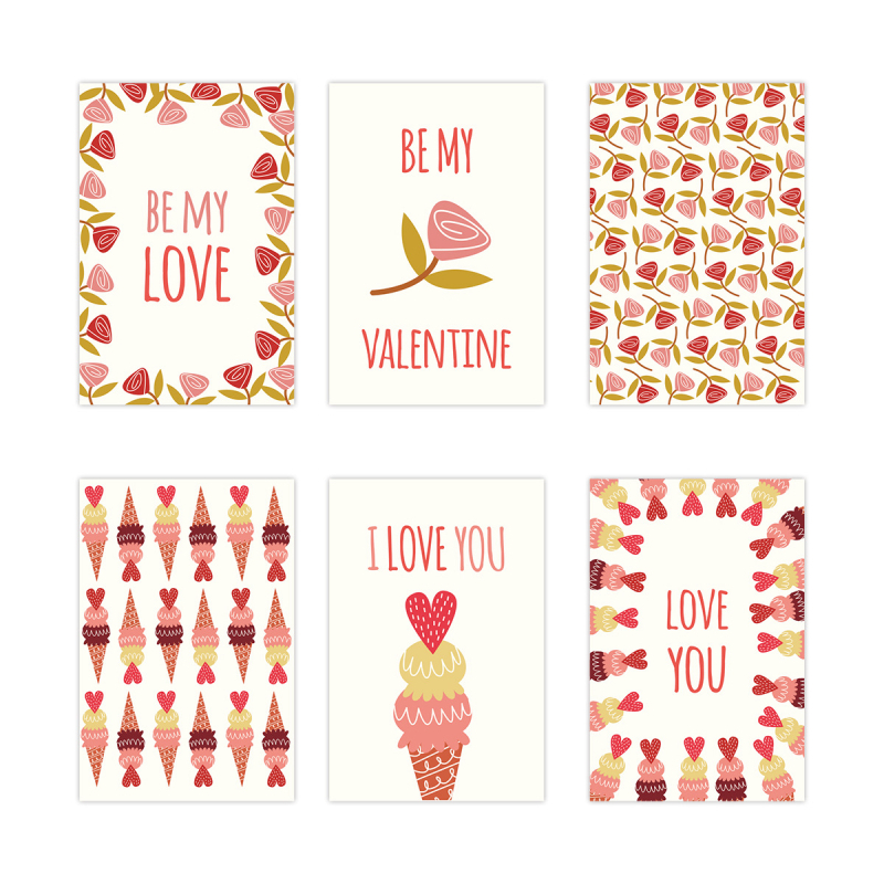 Felicitări de Valentine's Day, set de 6 cu plicuri; carton, imprimare, stil simplu și modern, categorie: felicitări, ambalaj de bază