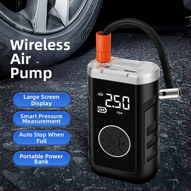 Autopumpa na vzduch s dvojitým napájaním, bezdrôtová, digitálny LCD displej, meranie tlaku v pneumatikách, USB nabíjanie