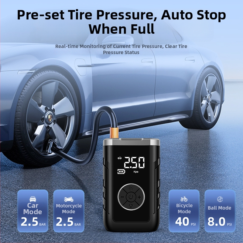 Autopumpa na vzduch s dvojitým napájaním, bezdrôtová, digitálny LCD displej, meranie tlaku v pneumatikách, USB nabíjanie