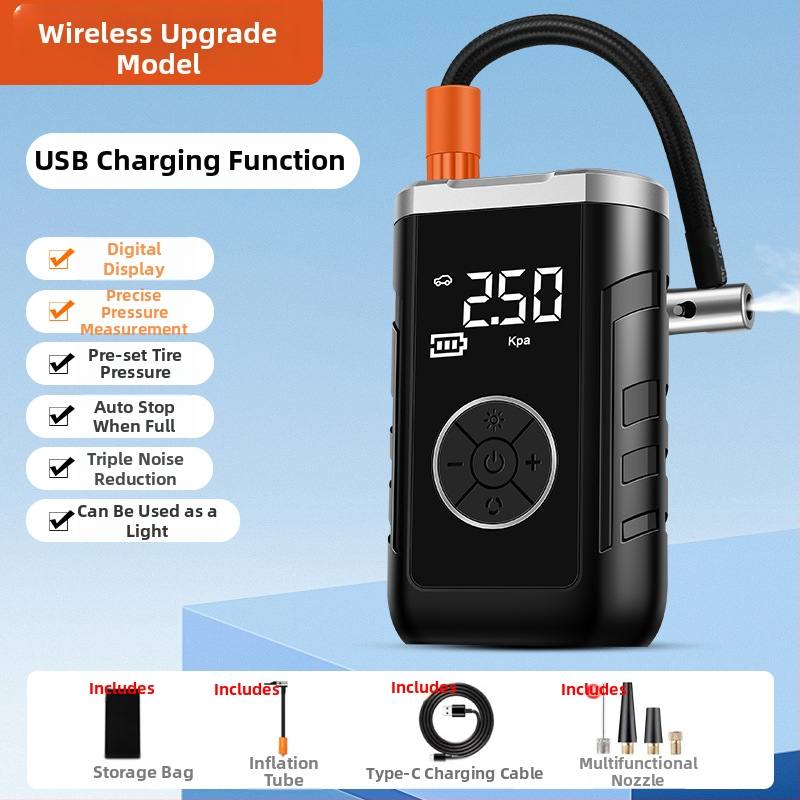 Autopumpa na vzduch s dvojitým napájaním, bezdrôtová, digitálny LCD displej, meranie tlaku v pneumatikách, USB nabíjanie