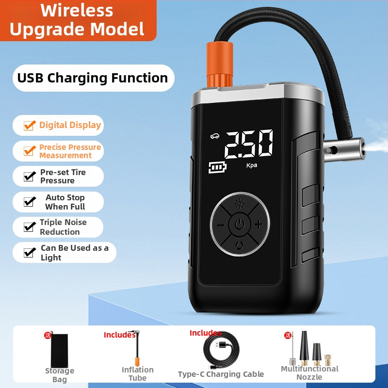Autopumpa na vzduch s dvojitým napájaním, bezdrôtová, digitálny LCD displej, meranie tlaku v pneumatikách, USB nabíjanie