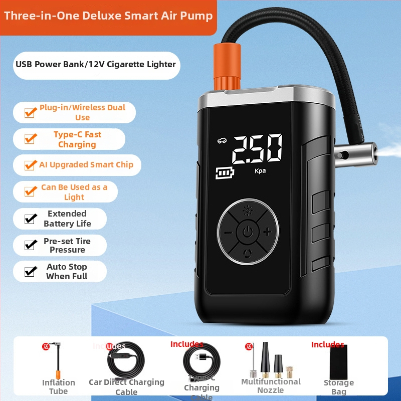 Autopumpa na vzduch s dvojitým napájaním, bezdrôtová, digitálny LCD displej, meranie tlaku v pneumatikách, USB nabíjanie