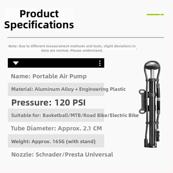 Ručná bicyklová pumpa s manometrom, model 2821CB, tlak 140 psi, hliníkové telo, 165 g