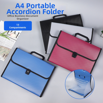 Prenosný A4 13–priehradkový akordeónový priečinok s kancelárskym klipom, plastový materiál, hrúbka 1,2 mm