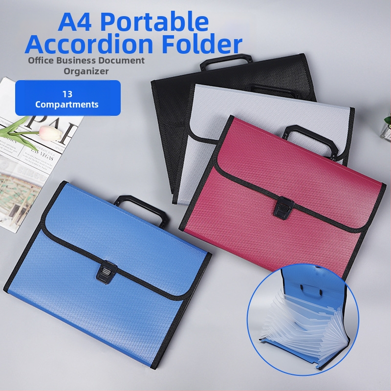 Prenosný A4 13–priehradkový akordeónový priečinok s kancelárskym klipom, plastový materiál, hrúbka 1,2 mm