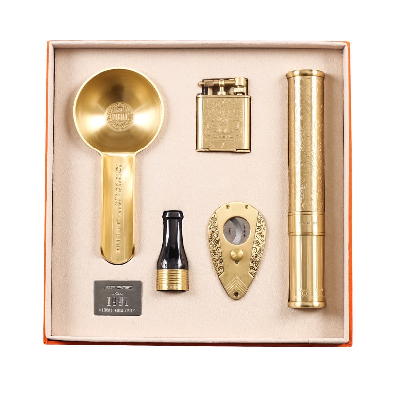 Monsoon set unelte pentru țigări – metal, lucrat manual, cu posibilitatea de personalizare, pachet de cinci piese, include scrumieră, tub pentru țigări, foarfă pentru țigări, suport pentru țigări și aprinzător