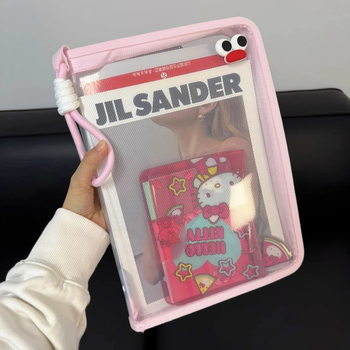 Macaron husă transparentă pentru documente, cu capacitate mare, fermoar, din plasă de nailon, impermeabilă, design desen animat, pentru elevi