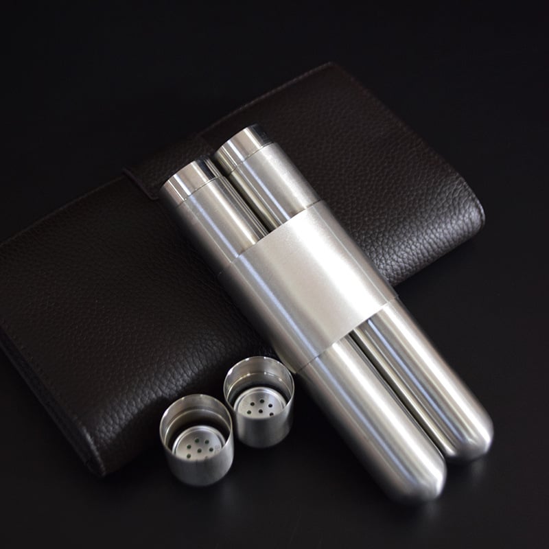 Tub metal din oțel inoxidabil pentru țigări, design cu două canale, husă protectoare portabilă cu cutie de umidare și bucăți de cedru – cadou de afaceri