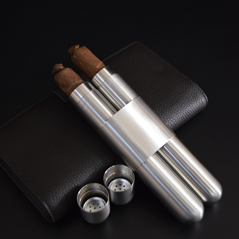 Tub metal din oțel inoxidabil pentru țigări, design cu două canale, husă protectoare portabilă cu cutie de umidare și bucăți de cedru – cadou de afaceri