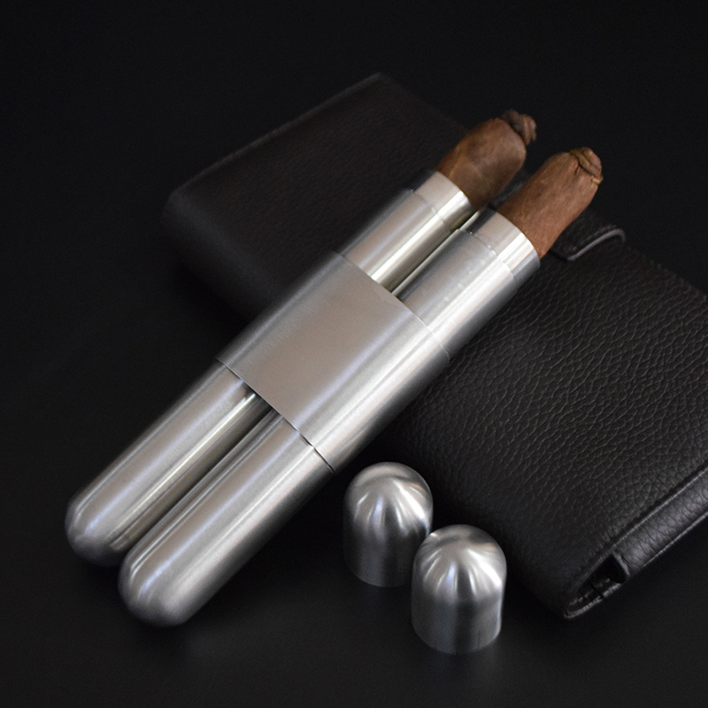 Tub metal din oțel inoxidabil pentru țigări, design cu două canale, husă protectoare portabilă cu cutie de umidare și bucăți de cedru – cadou de afaceri
