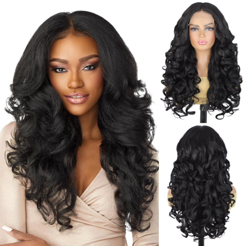 Paruka Lace Front – duga kosa s kovrčama, Yaki tekstura, vlakna visokotemperaturnih svilenih vlakana, srednji dio