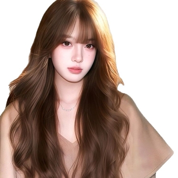 Perucă lungă cu bucle lejere și breton drept, fibră sintetică rezistentă la temperaturi, prelucrare mecanizată, nu poate fi vopsită